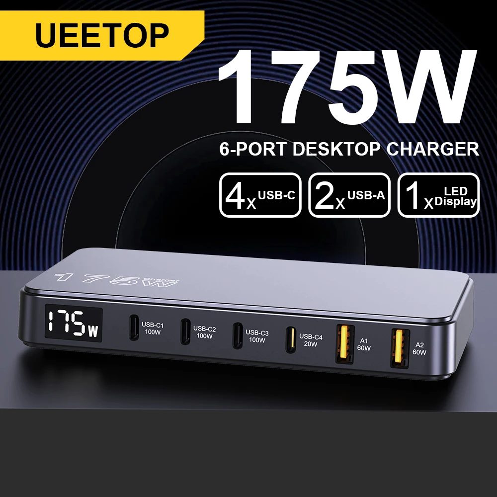 맥북 삼성 아이폰용 Ueetop 175W GaN USB C 충전기 LED 디스플레이 6포트 데스크탑 충전기 타입 C PD 100W PPS 45W 고속 충전 할인이벤트